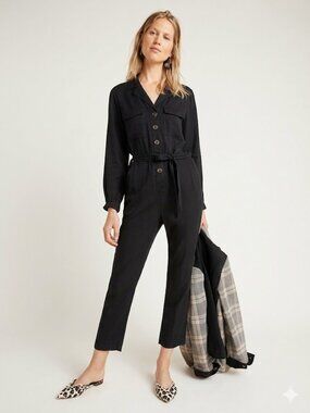 Anthropologie Halsey Black Utility Jumpsuit Boiler Suit Belted XS